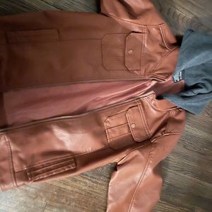 Boys faux brown leather jacket with grey hood